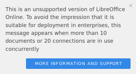 Ciplun sgrin yn dangos rhybudd am fersiwn heb ei chefnogi o LibreOffice Online