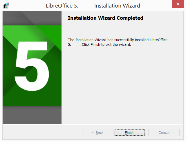 Mae Gosod LibreOffice wedi’i gwblhau